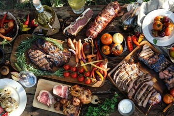 Fire-flavored feast. grilled meat and garden-fresh vegetables for a perfect labor day picnic