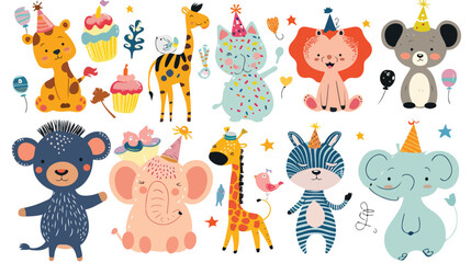 Set of cute Cartoon animals and kids for happy birthday
