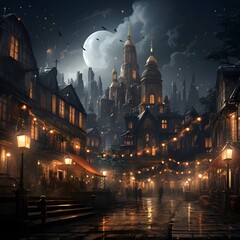 Digital painting of an old town at night with a full moon.