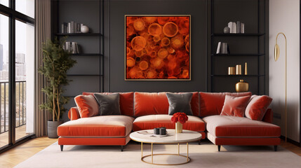 Abstract orange red artwork modern interior design home decor fall autumn vibes.
