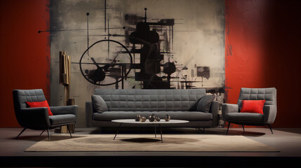 Dark and moody living room with gray sofa, red armchairs and black and white abstract painting