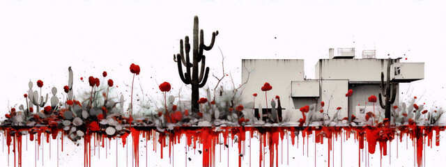 Cactus and flowers in front of a building with a white background, red paint dripping from the bottom in an abstract surrealism style