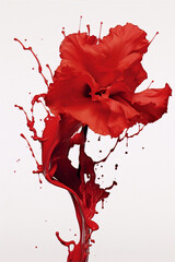 Red flower made of red liquid splash on white background, still life photography, pop art, interior design, home decor