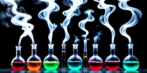 Flasks with colored and luminous liquids, with white smoke, wallpaper, science
