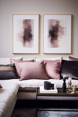 Two framed abstract paintings in muted colors hanging above a white sectional sofa with pink and gray pillows in a modern living room