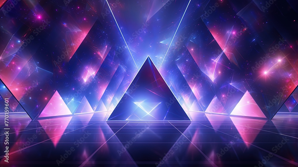 Poster a futuristic background with holographic triangles rotating in a 3d space