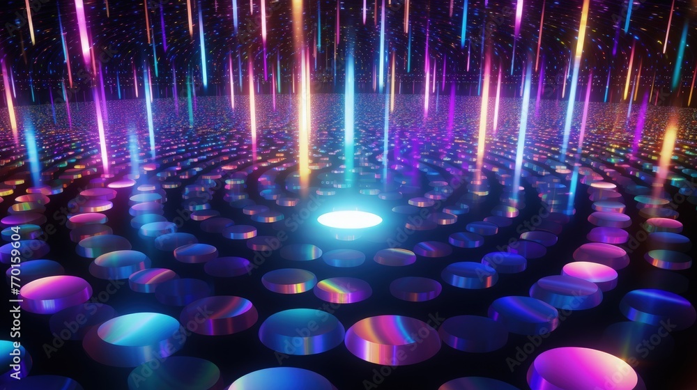 Poster a futuristic background with holographic circles arranged in a mesmerizing pattern