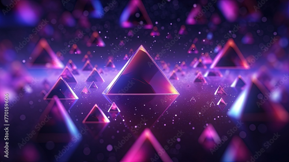 Poster a futuristic background with holographic triangles rotating in a 3d space