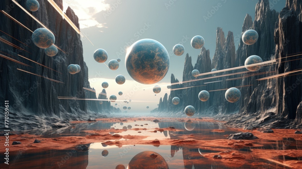 Poster a digital landscape with floating spheres and intricate futuristic patterns