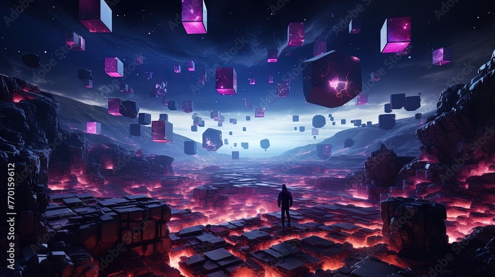Poster a digital landscape with neon polygons floating in a virtual reality space