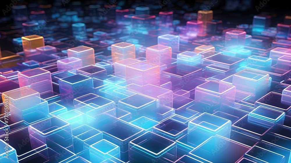 Poster a futuristic background with holographic squares arranged in an intricate layout