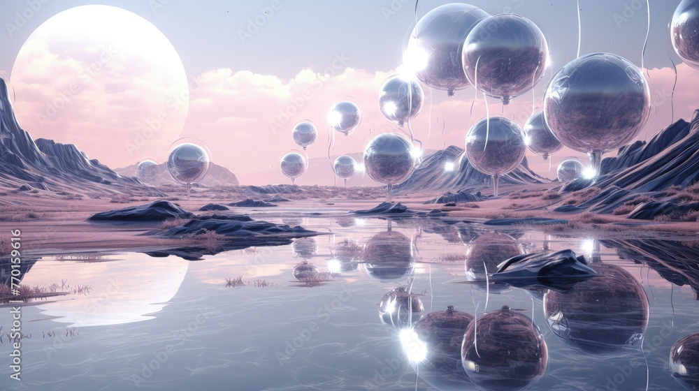 Poster a digital landscape with floating spheres and intricate futuristic patterns