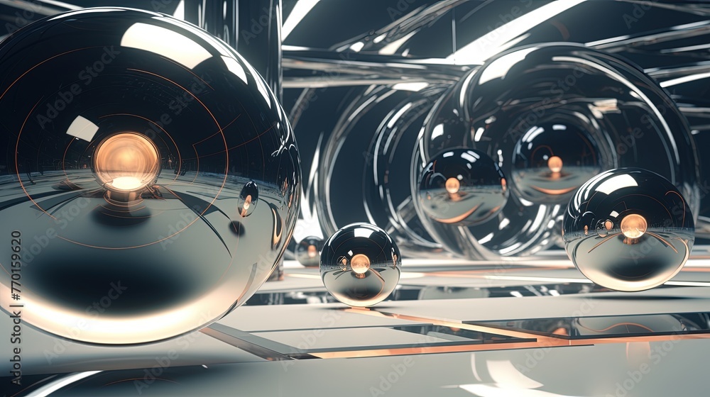 Poster a dynamic composition of interconnected spheres in a futuristic setting