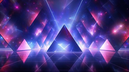a futuristic background with holographic triangles rotating in a 3d space - obrazy, fototapety, plakaty