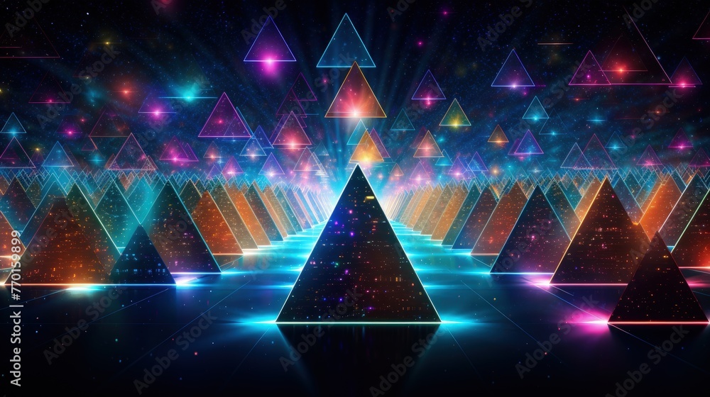 Poster a vibrant grid of interconnected triangles with pulsating neon lights