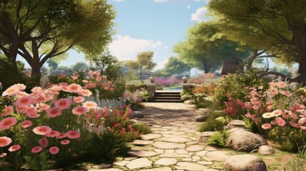a peaceful garden with a stone pathway and blooming flowers