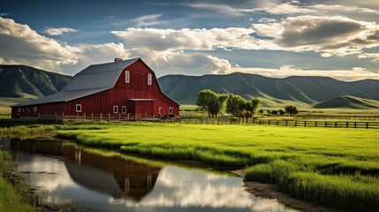 a rustic farm with a red barn and rolling green pastures - obrazy, fototapety, plakaty