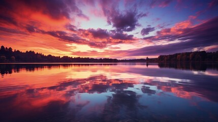 a vibrant sunset over a calm lake reflecting stunning colors in the water