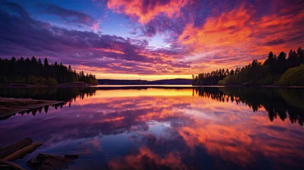 Zelfklevend Fotobehang a vibrant sunset over a calm lake reflecting stunning colors in the water © Gefo