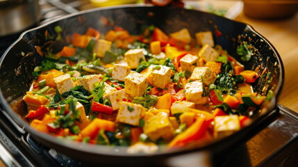 A pan filled with tofu and assorted vegetables sizzling on top of a stove, ready to be cooked for a delicious meal.