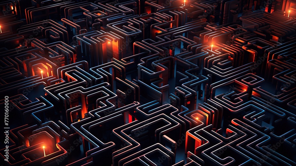 Poster abstract pattern resembling a labyrinthine structure with neon accents and glowing elements