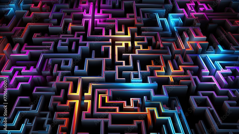 Poster abstract pattern resembling a labyrinthine structure with neon accents