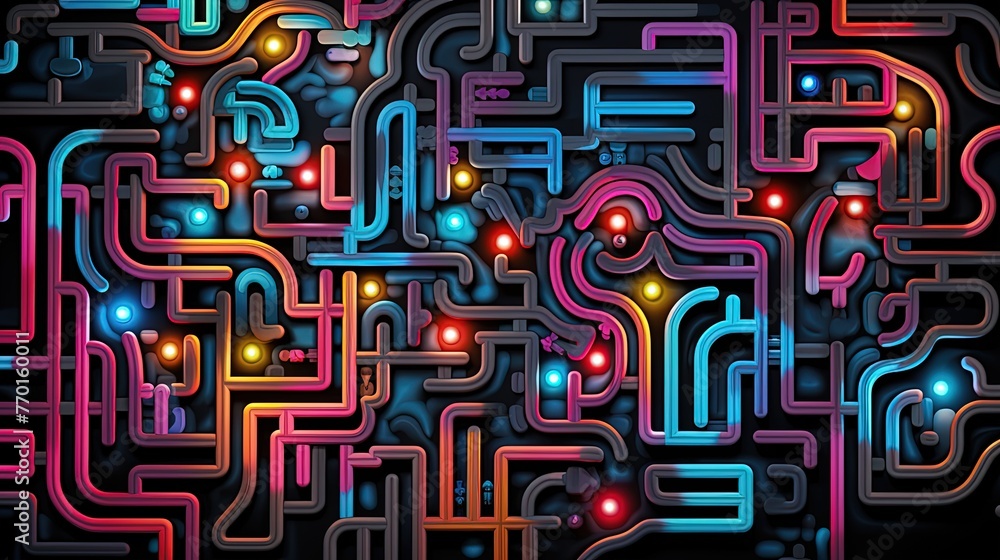 Poster abstract pattern resembling a labyrinthine structure with neon accents