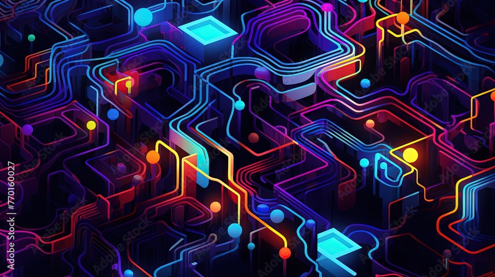 Poster abstract pattern resembling a labyrinthine structure with neon accents and glowing elements