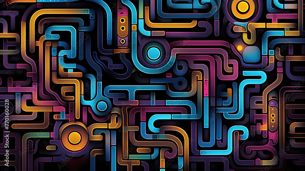 Poster abstract pattern resembling a labyrinthine structure with neon accents