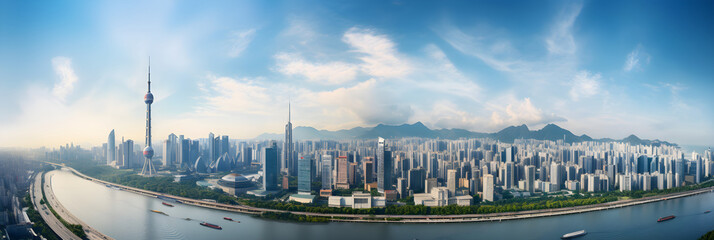 Fusion of Tradition and Modernity: Breath-Taking Aerial View of Inspiring Guangzhou Cityscape Against the Canvas of The Sky - obrazy, fototapety, plakaty
