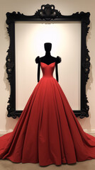 Fototapeta premium Black mannequin in a red ball gown stands in a black ornate frame, interior, fashion, photorealism, red, black, white