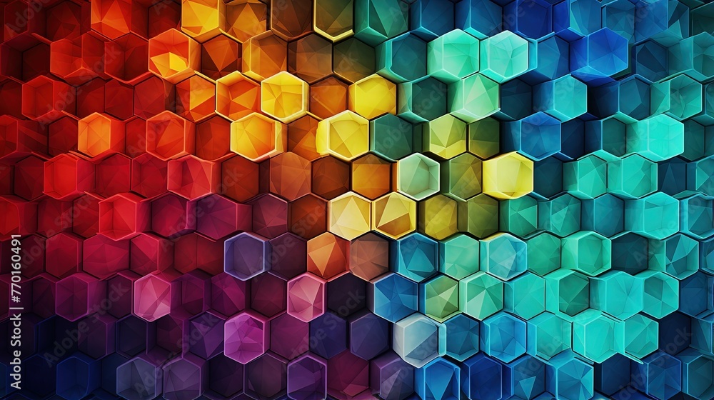 Poster grid of interconnected dodecahedrons in a captivating layout with vibrant colors and translucent ove