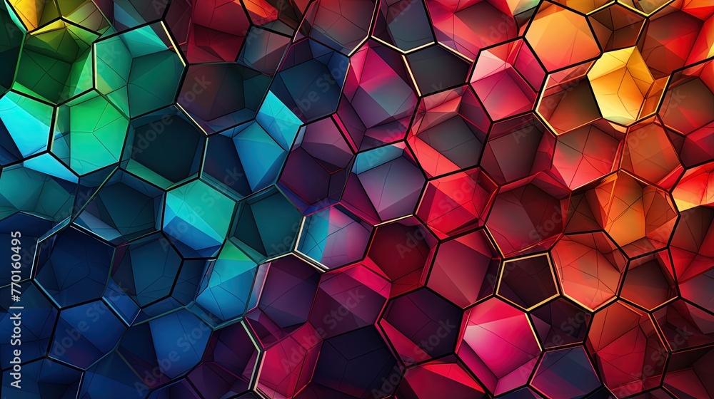 Poster grid of interconnected dodecahedrons in a captivating layout with vibrant colors and translucent ove