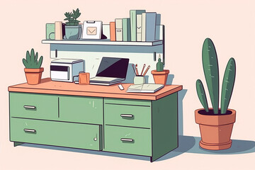 A mid-century modern home office with a green desk, pink accents, and potted plants.