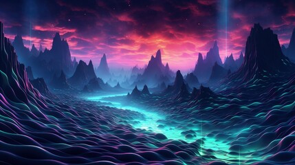 geometric waves in neoncolors flowing through a futuristic landscape