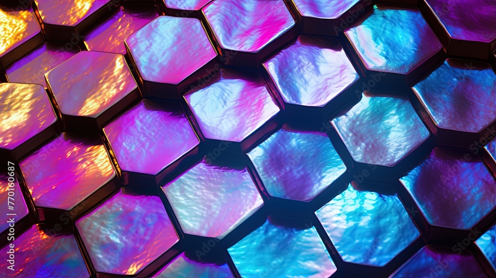Poster hexagonal grid with a holographic and iridescent sheen adding a futuristic touch