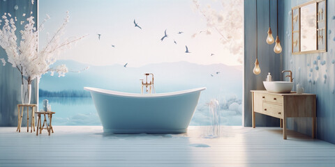 Bathroom with a view of the lake, blue and white interior, birds flying in the sky, 3d illustration