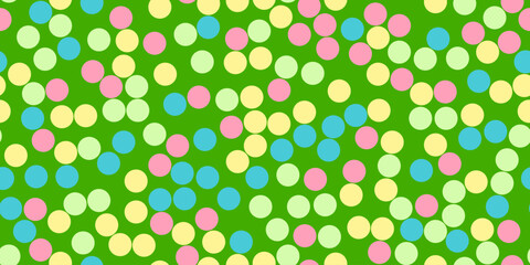 Seamless pattern with colourful dots on green, birthday or holiday background, vector