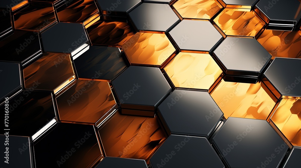 Poster interconnected hexagons with metallic reflections