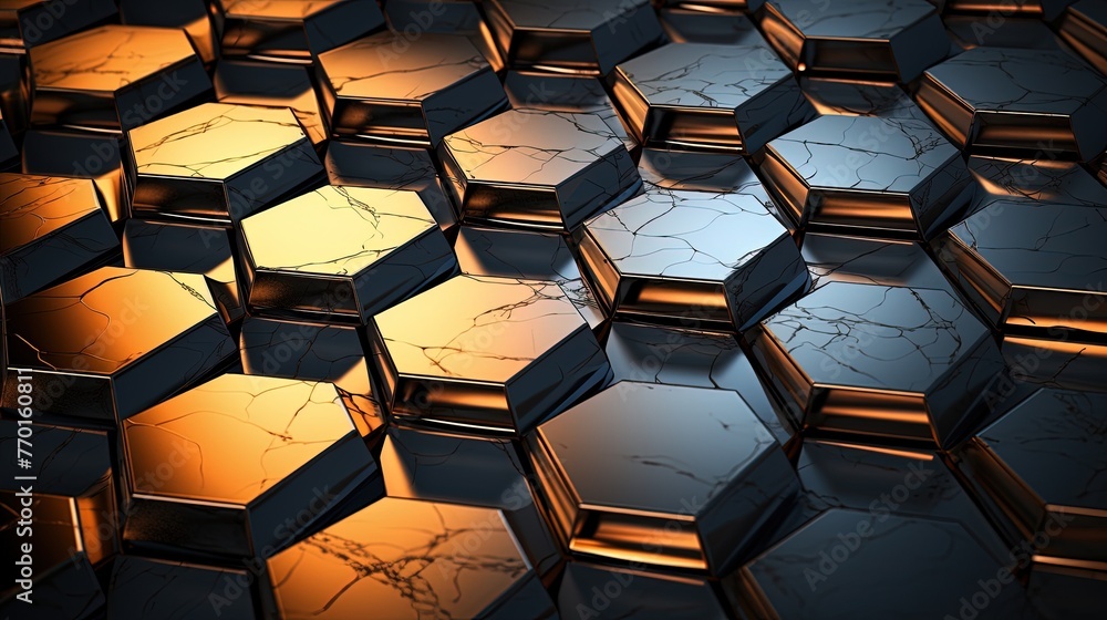 Poster interconnected hexagons with metallic reflections