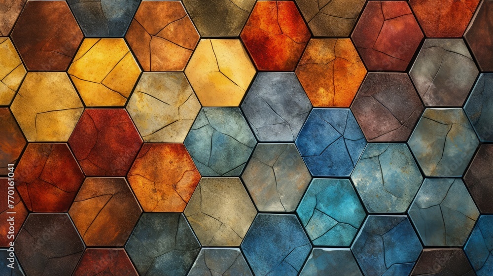 Poster overlapping pentagons with a mosaic like texture
