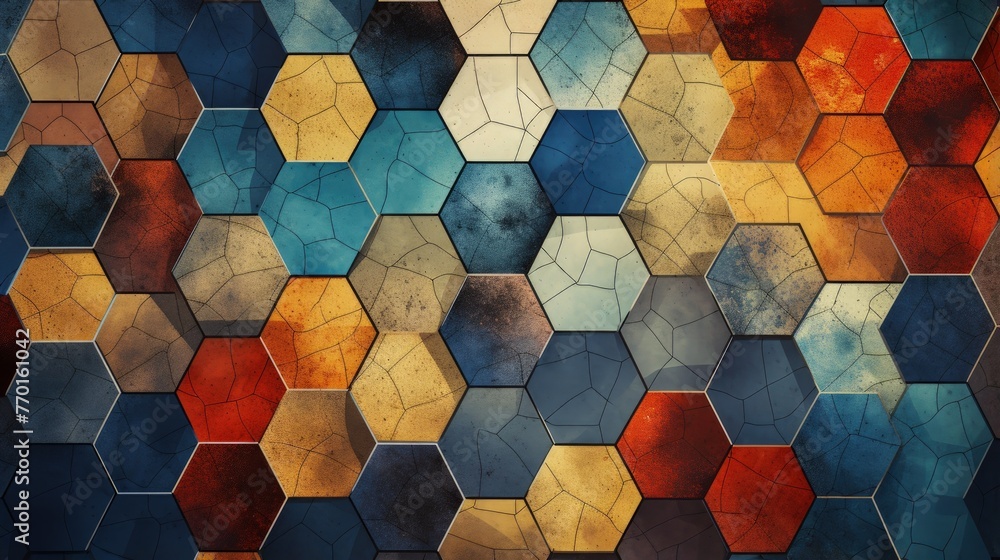 Poster overlapping pentagons with a mosaic like texture