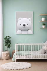 Adorable cartoon polar bear framed art print in a modern minimal gender neutral nursery with a crib and natural elements