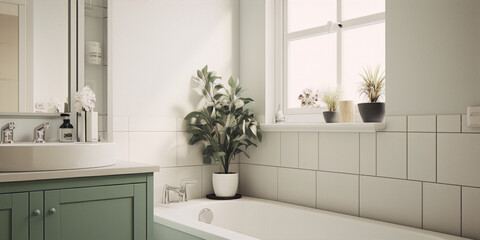 Bathroom interior with a large window, green cabinet, and plants in pots on the windowsill in a bright and airy interior design style