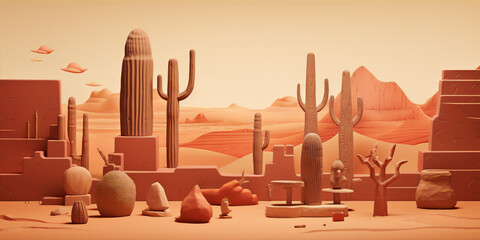 Stylized desert landscape; terracotta, beige; minimalist, surreal; arid tranquility; summer.
