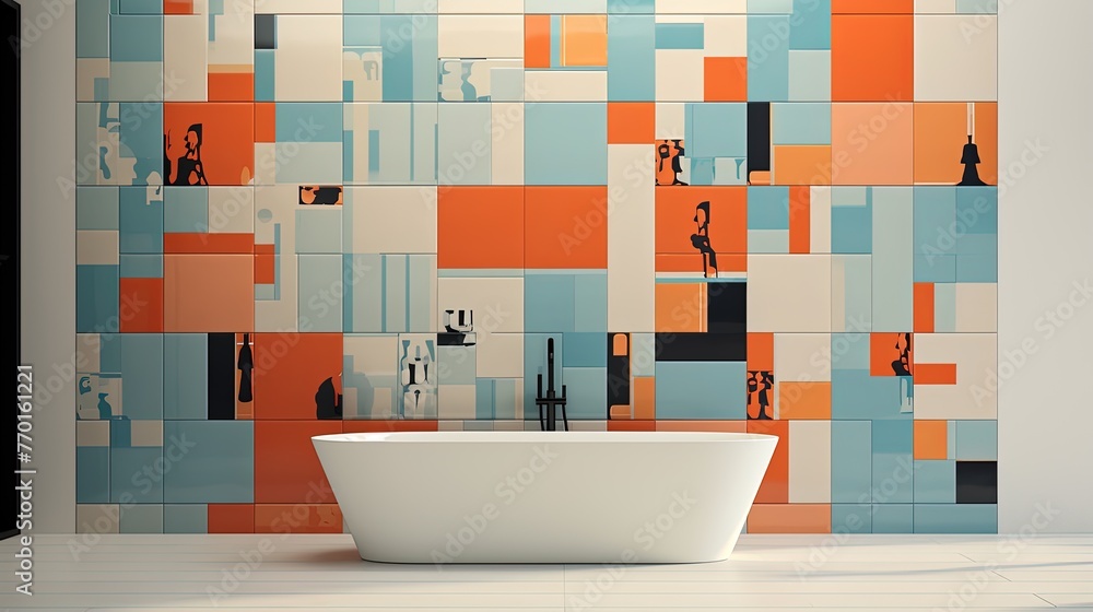 Poster rectangular tiles with a pixelated design evoking a retro and digital aesthetic