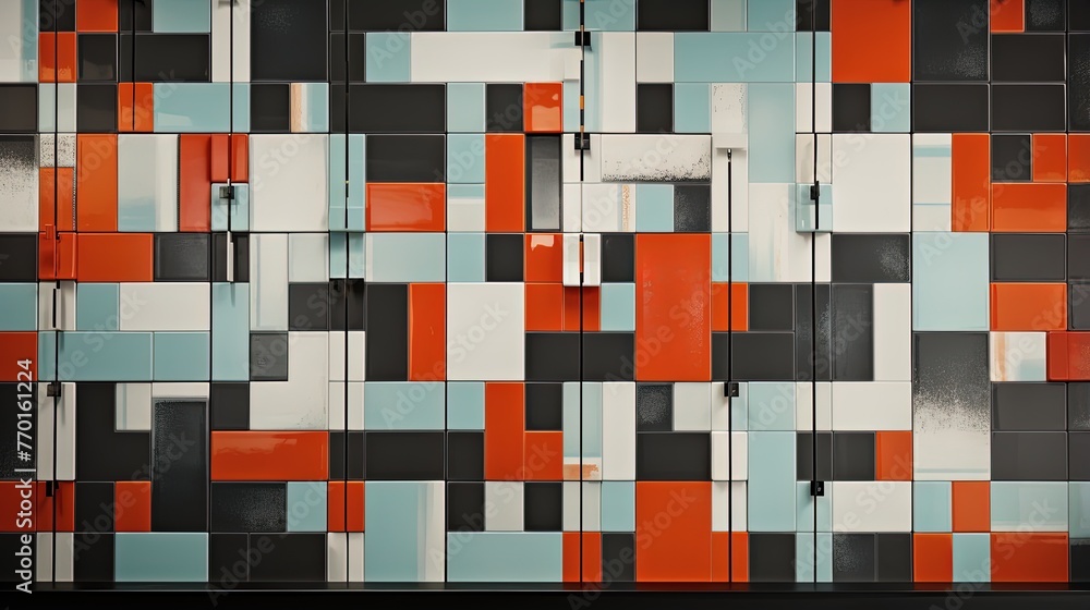 Poster rectangular tiles with a pixelated design evoking a retro and digital aesthetic