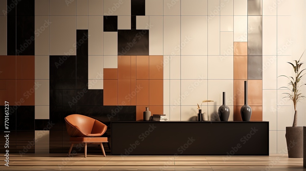 Poster rectangular tiles with a pixelated design evoking a retro and digital aesthetic