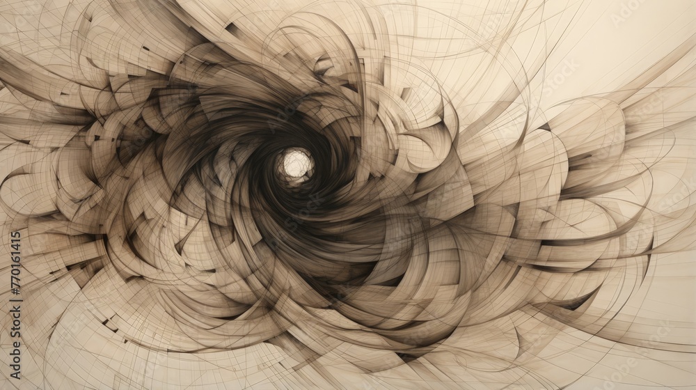 Poster spiraling vortex of interconnected lines evoking a sense of dynamism