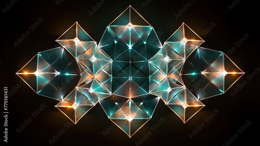 Poster symmetrical arrangement of intersecting irregular polyhedrons with glowing edges